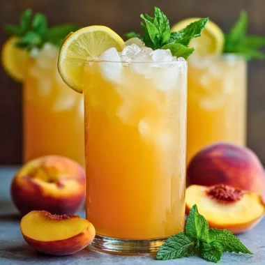 Glass of refreshing peach lemonade with peach slices and mint leaves