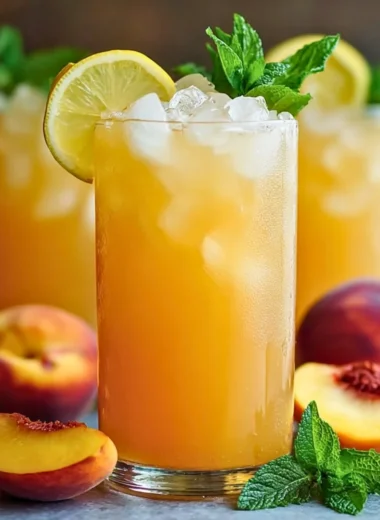 Glass of refreshing peach lemonade with peach slices and mint leaves
