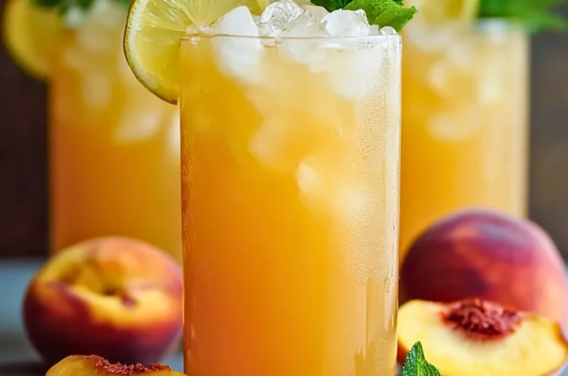 Glass of refreshing peach lemonade with peach slices and mint leaves