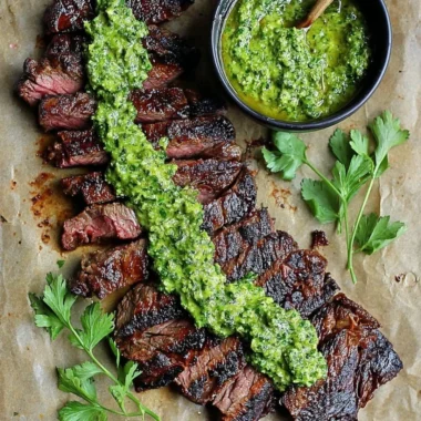 Delicious skirt steak marinated with chimichurri sauce