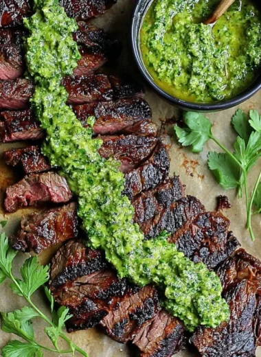Delicious skirt steak marinated with chimichurri sauce