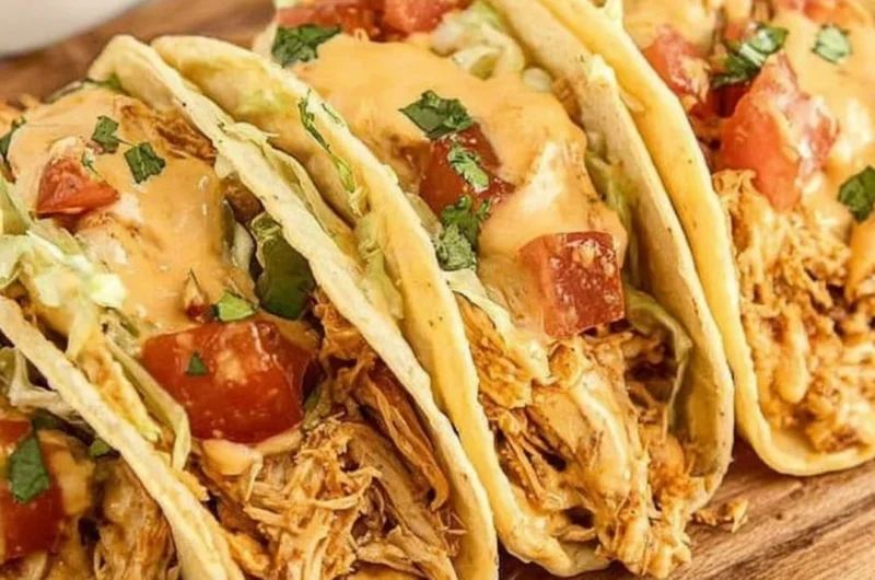 Delicious slow cooker queso chicken tacos topped with fresh ingredients