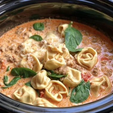 Bowl of slow cooker tortellini soup with sausage and vegetables