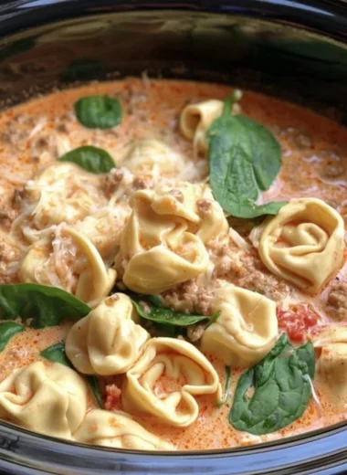 Bowl of slow cooker tortellini soup with sausage and vegetables