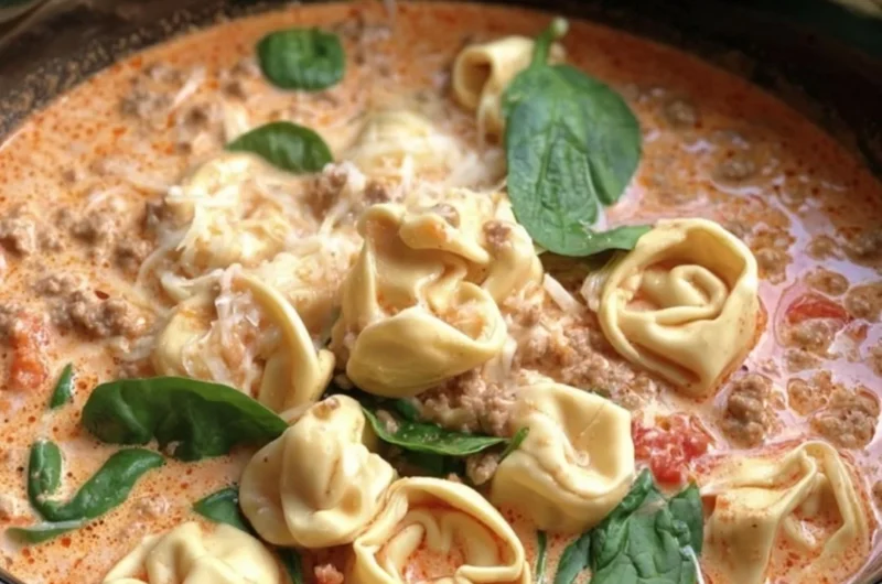 Bowl of slow cooker tortellini soup with sausage and vegetables
