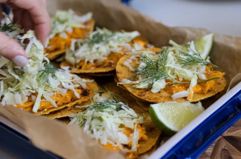 Smashed Buffalo Chicken Tacos with ranch slaw on a plate