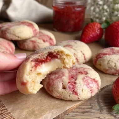 Soft strawberry cheesecake cookies on a decorative plate