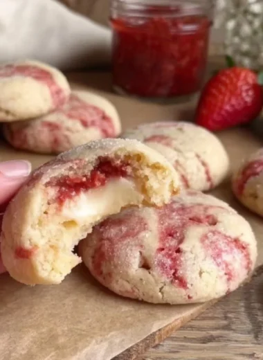 Soft strawberry cheesecake cookies on a decorative plate
