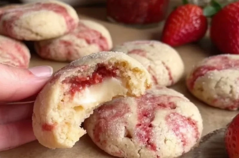 Soft strawberry cheesecake cookies on a decorative plate