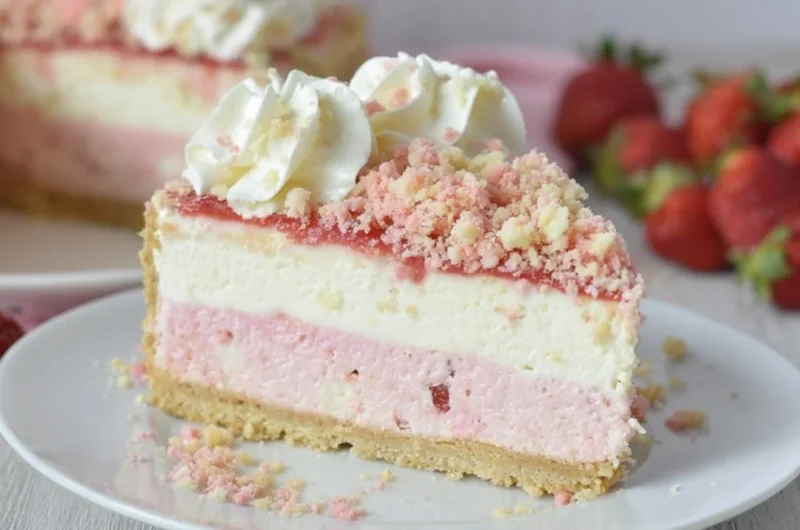 Delicious Strawberry Crunch Cheesecake with a creamy layer and crunchy topping