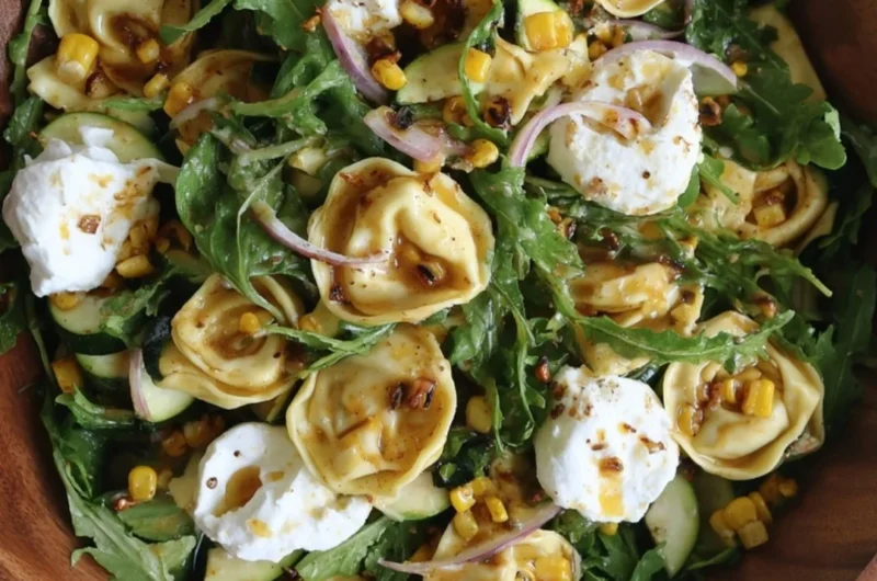Delicious summer tortellini salad with fresh vegetables and dressing