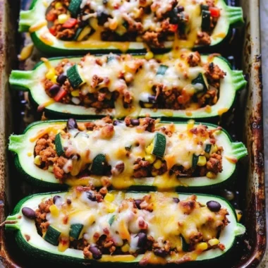 Delicious taco zucchini boats filled with seasoned meat and toppings