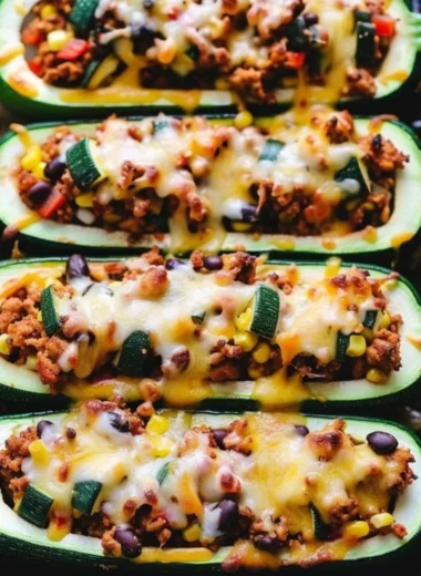 Delicious taco zucchini boats filled with seasoned meat and toppings