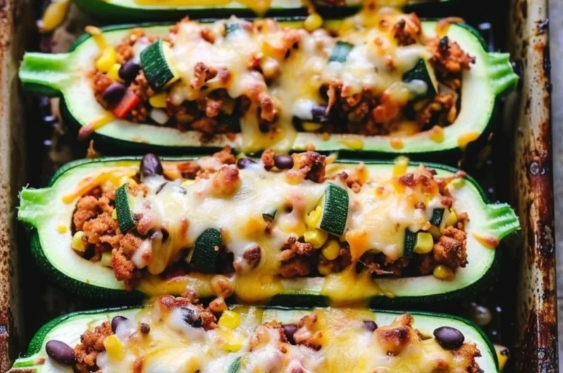 Delicious taco zucchini boats filled with seasoned meat and toppings