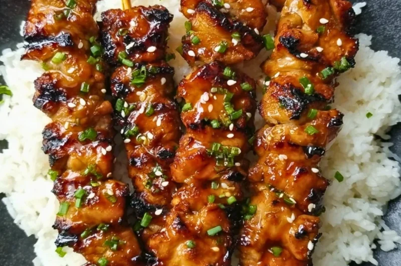 Grilled teriyaki chicken skewers with vegetables on a platter
