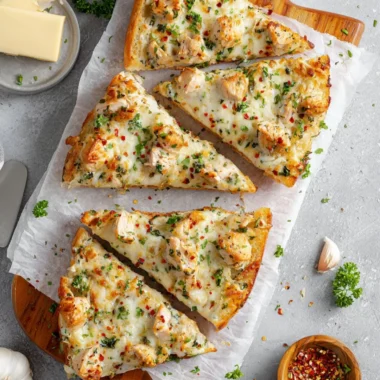 Viral Chicken Alfredo Garlic Bread topped with creamy sauce and herbs