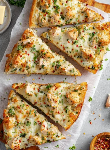 Viral Chicken Alfredo Garlic Bread topped with creamy sauce and herbs
