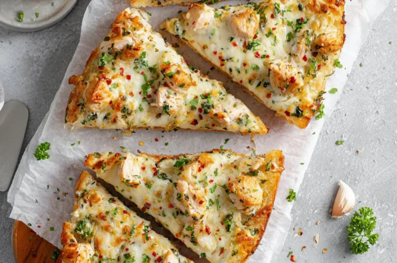 Viral Chicken Alfredo Garlic Bread topped with creamy sauce and herbs