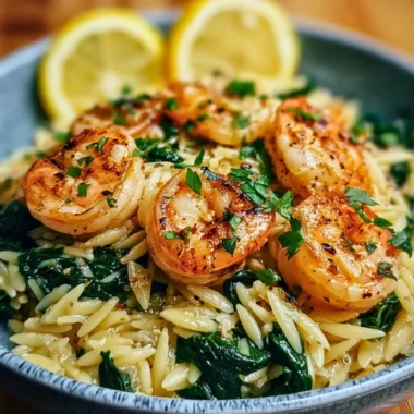 Lemon garlic shrimp with spinach orzo, a delicious seafood dinner recipe.