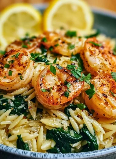Lemon garlic shrimp with spinach orzo, a delicious seafood dinner recipe.