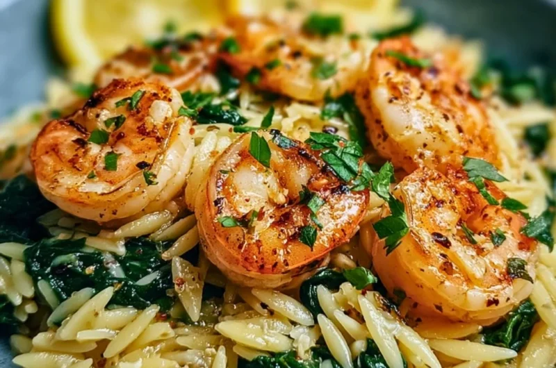 Lemon garlic shrimp with spinach orzo, a delicious seafood dinner recipe.