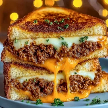 Cheesy ground beef melt topped with gooey cheese and served on a plate