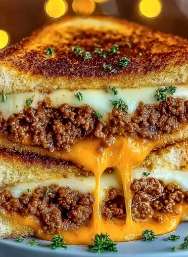 Cheesy ground beef melt topped with gooey cheese and served on a plate