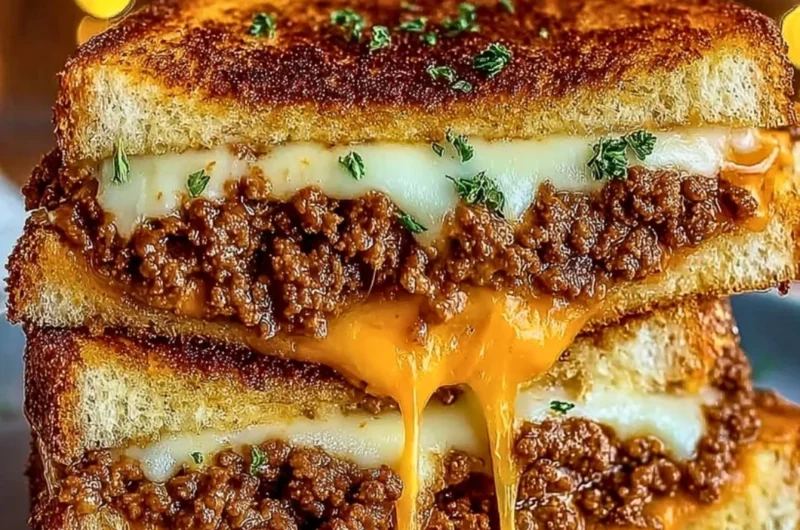 Cheesy ground beef melt topped with gooey cheese and served on a plate