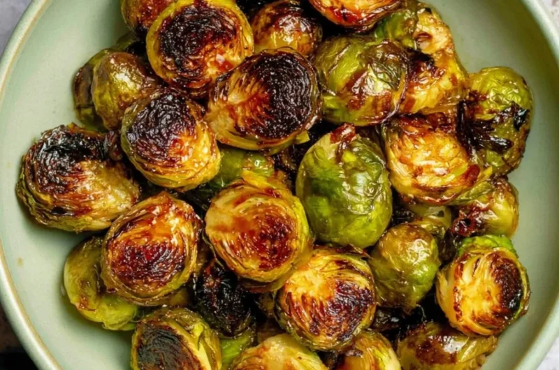 Oven roasted Maple Balsamic Brussels Sprouts garnished and ready to serve.