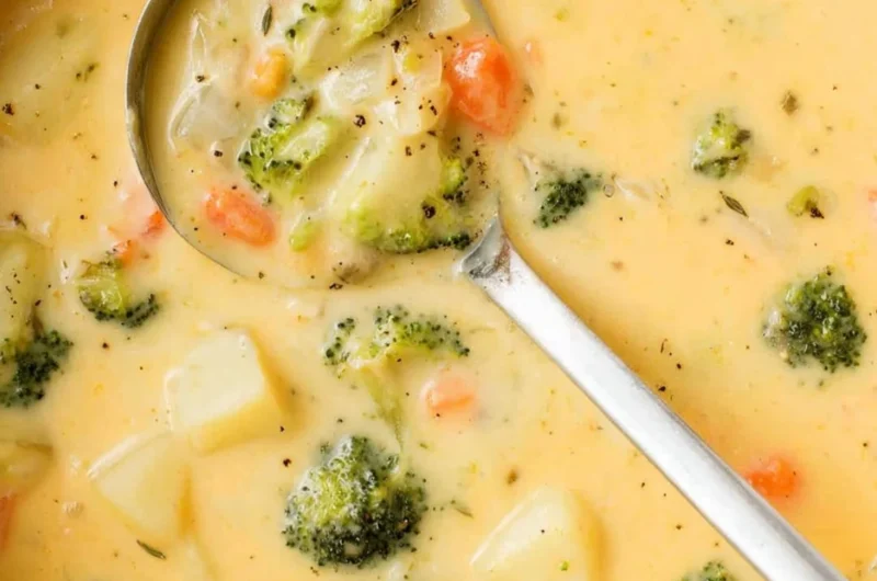 Bowl of creamy Broccoli Cheese Potato Soup with a garnish of fresh broccoli