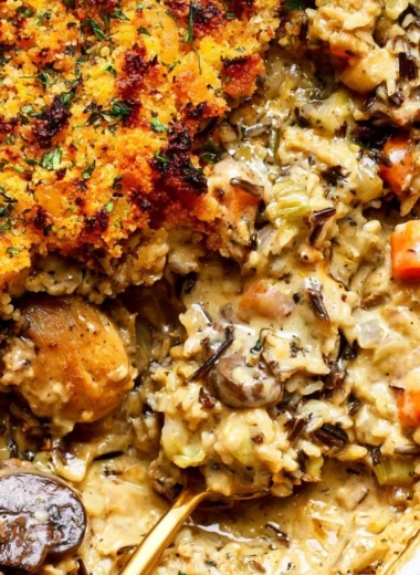 Creamy chicken wild rice casserole in a serving dish, garnished for presentation.