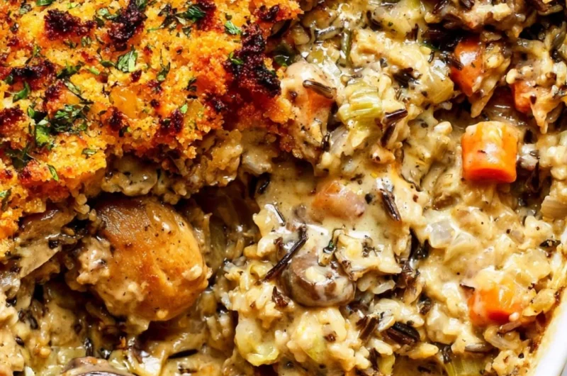 Creamy chicken wild rice casserole in a serving dish, garnished for presentation.