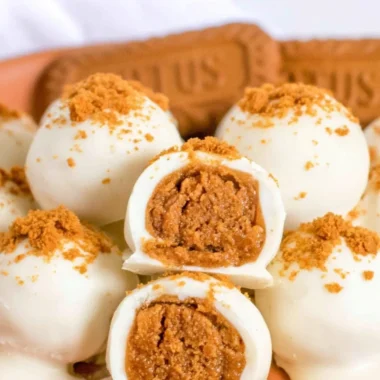 Homemade Biscoff truffles on a plate sprinkled with crushed Biscoff cookies.