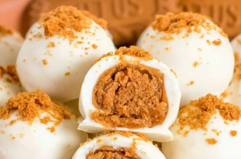 Homemade Biscoff truffles on a plate sprinkled with crushed Biscoff cookies.