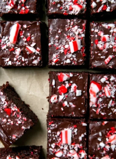 Delicious festive peppermint brownies with decadent ganache topping