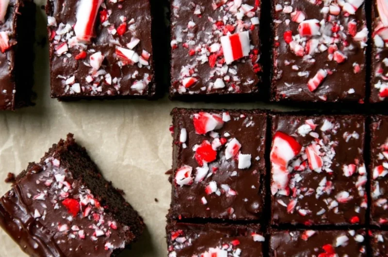Delicious festive peppermint brownies with decadent ganache topping