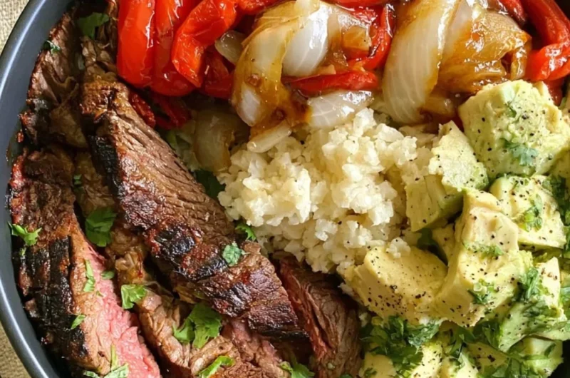 High protein steak fajita bowl with vibrant vegetables and spices