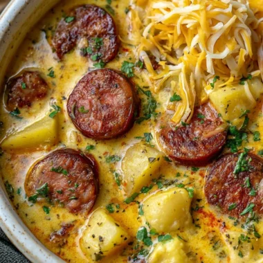 Bowl of Kielbasa Potato Soup topped with herbs and served with bread.