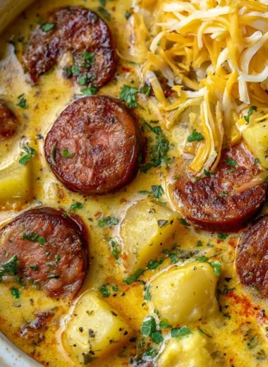 Bowl of Kielbasa Potato Soup topped with herbs and served with bread.