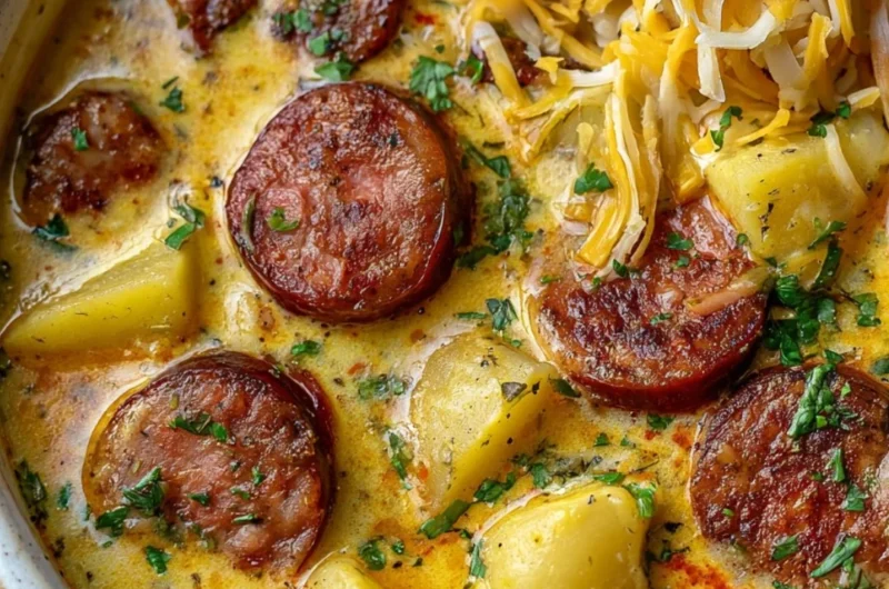 Bowl of Kielbasa Potato Soup topped with herbs and served with bread.