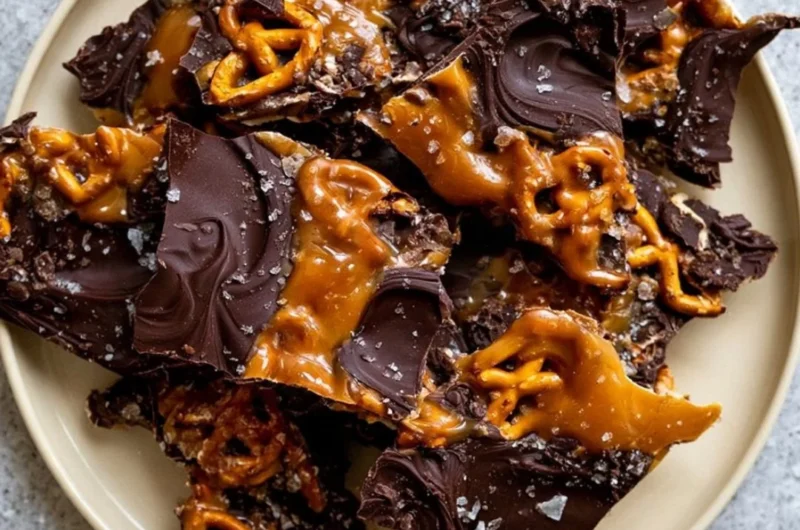 Delicious salted caramel chocolate pretzel bars on a wooden table