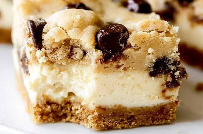 Delicious chocolate chip cheesecake bars on a plate